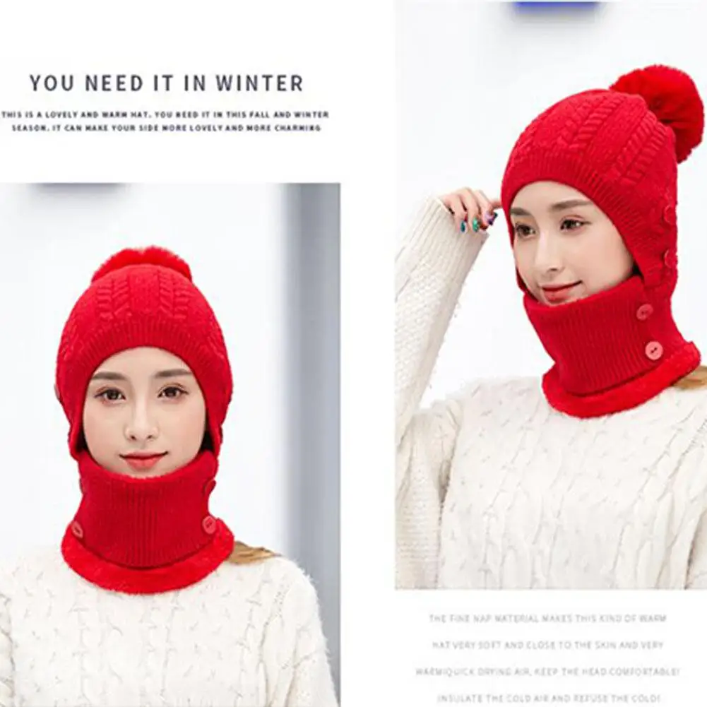 MISSKY Lady Warm One-piece Women Hat-Mask-Scarf Winter Thicken Knitting Wool Ball Riding Outdoor Beanies For Female