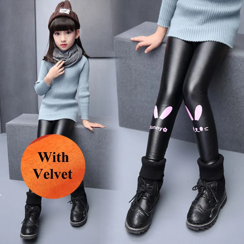 VFOCHI/Новые кожаные штаны для девочек зимние плотные бархатные штаны детские штаны с эластичной резинкой на талии теплые детские брюки плотные леггинсы для девочек - Цвет: Rabbit Velvet