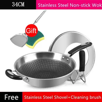 

34cm 304 Stainless Steel Spatula Honeycomb Non-Stick Wok Smokeless Wok Non-Slip Eco-Friendly Cooking Kitchen Frying Pan Food