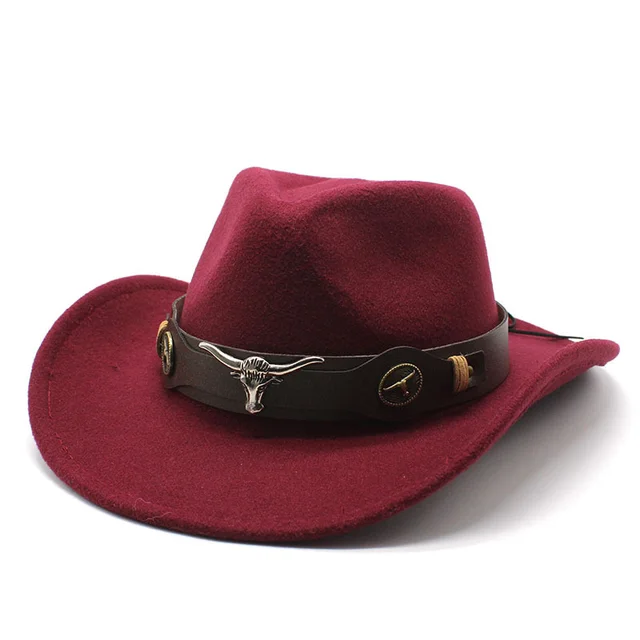 Wome Men Black Wool Chapeu Western Cowboy Hat Gentleman Jazz Sombrero Hombre Cap Dad Cowgirl Hats Size 56-58cm Red Wine