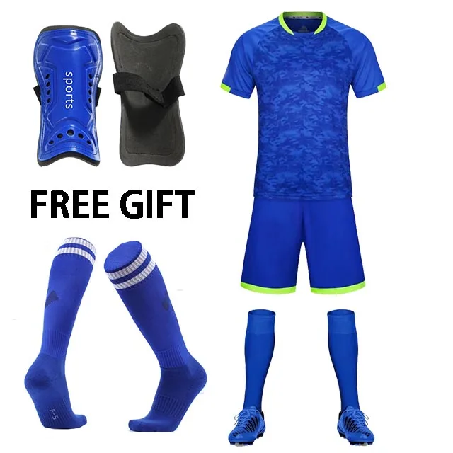 Детские футбольные майки для взрослых, комплекты футбольной одежды для мальчиков и девочек, Молодежные футбольные комплекты, тренировочный Трикотажный костюм с носками+ щитки - Цвет: 5021 blue sets