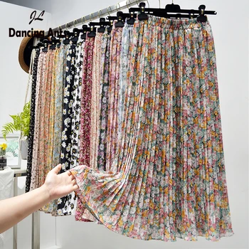 

Women A-line Skirts High Elastic Waist Chiffon Broken Flowers Print Skirt Trend 2020 Summer Female Beach Style Half-Length Skirt