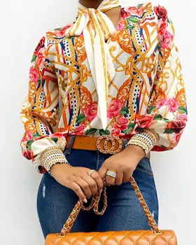 

Women Shirts Scarf Baroque Print Top Blouses Women Retro Print Lantern Sleeve Blouse Shirt Elegant Office Lady Shirt Blusa Mujer
