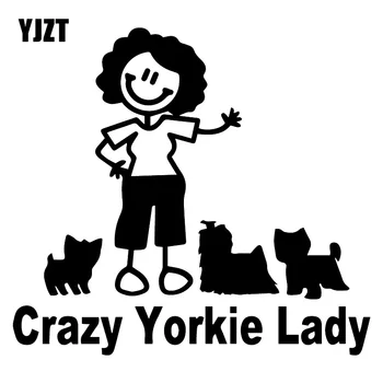 

YJZT 17.3X15.8CM Crazy Yorkie Lady Cartoon Car Window Vinyl Stickers Decoration Decals C25-0679