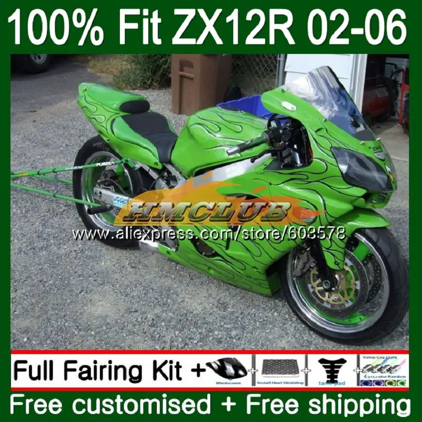 Инъекции для KAWASAKI ZX1200 ZX 12R ZX12R 02 03 04 05 06 114CL. 44 1200CC ZX-12R 2002 2003 2004 2005 2006 зелено-черные обтекатели
