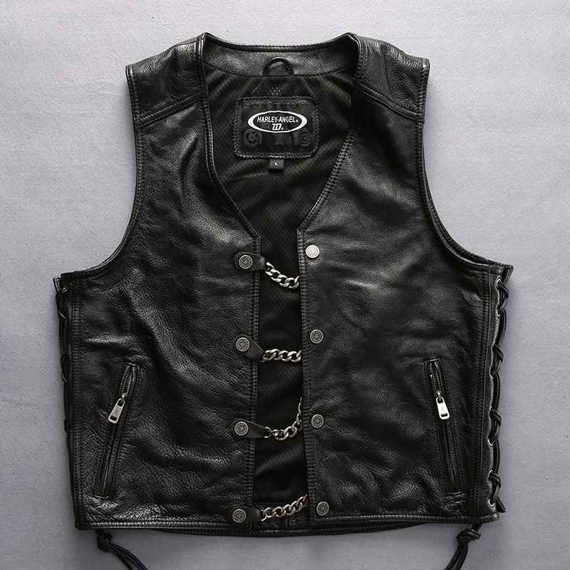 Gratis Verzending 2020 NewStyle Mannen Vest Echt Leer Motorfiets Rider Chain Vest Dikke Lederen Mouwloze Jas