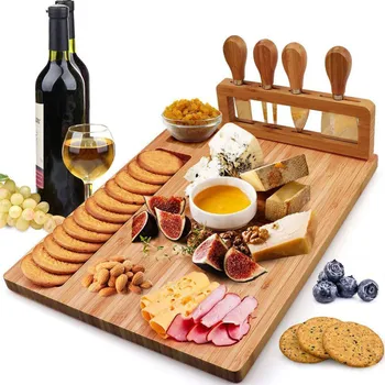 

Bamboo Cheese Board Cutlery Wood Charcuterie Platter Serving Meat Board Slide-Out Drawer with 4 Knife Bamboo Cutting Board