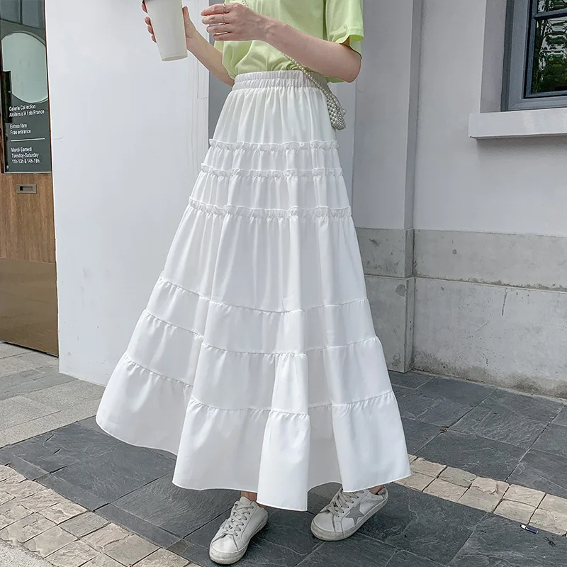 Tingyili Black White Layered Midi Long Skirt Spring Summer Women Ruffle  A-line Skirt Korean School Ladies Girls High Waist Skirt - Skirts -  AliExpress