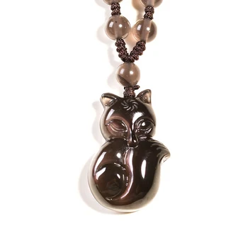 

Ice Color Natural Obsidian Stone Pendant Fox Necklace Lucky for Women Men Evil Spirits Obsidian Fashion Jewelry JoursNeige