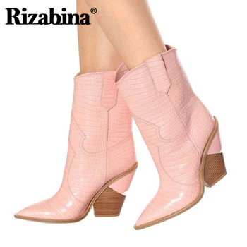 

Rizabina Women Warm Western Cowgirl Boots Winter Half Short Boots Brand New Pointed Toe Quality Designer Shoes Women Size 35-43