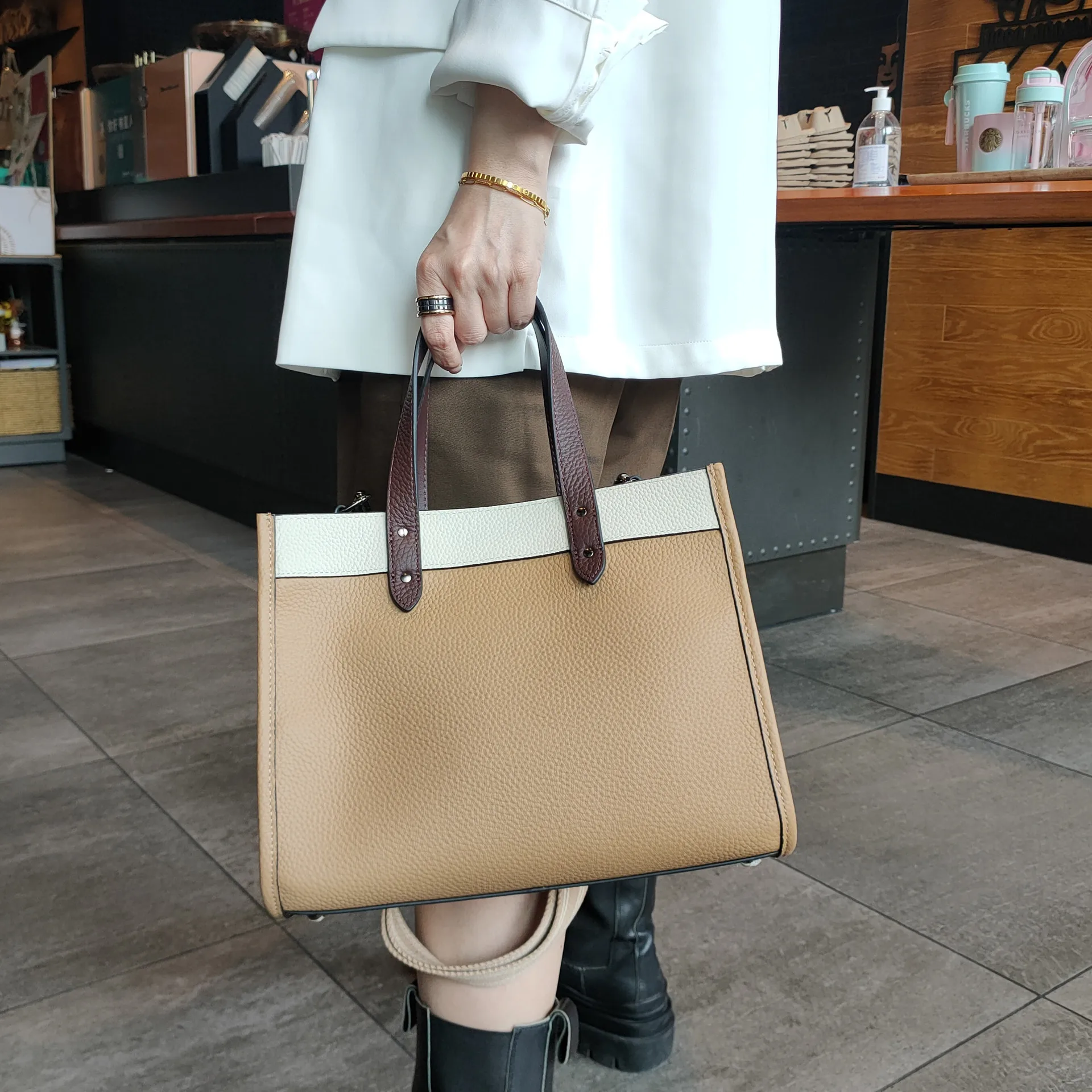 Panelled Hit Color Fashion Tote Bag 100% Natural COW Leather Women Handbag  Business OL Style Wide Strap Office Girl Shoulder Bag