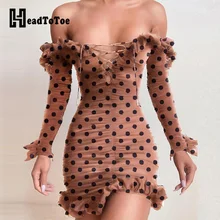 Polka Dot Off Shoulder Frill Lace-up Ruched Bodycon Dress