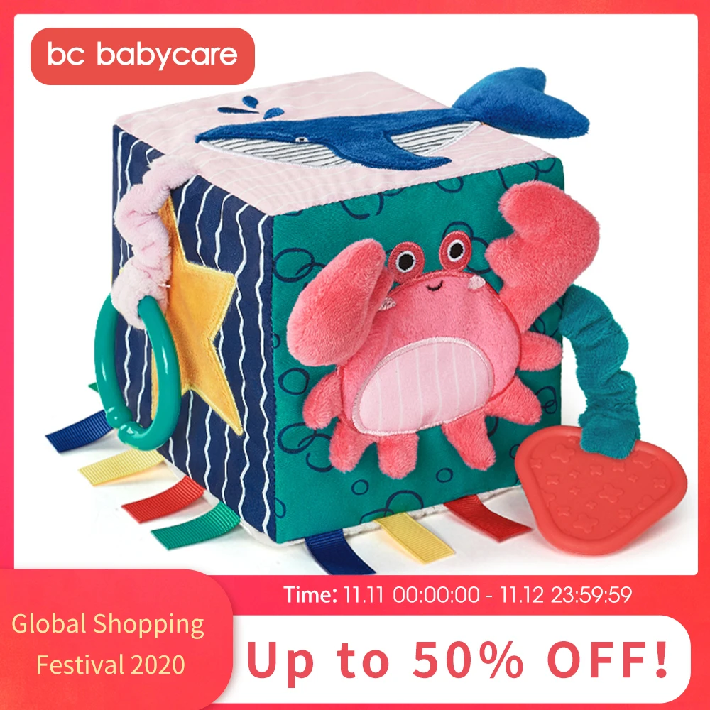 BC Babycare Soft Suede Baby Cloth Square Ball Toy Rustle Sound Distorting Mirror Sensory Educational Funny Rattle Teether Toys afbeelding