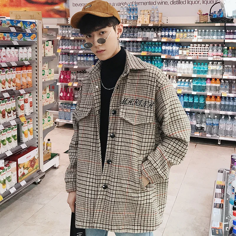 Autumn New Korean Plaid Wool Solid Color Lapel Men's Long Sleeve Pocket Harajuku Street Casual Shirt