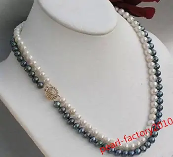 

2 rows 8-9 mm black + white Akoya SOUTH SEA pearl necklace 20" 925silver Gold Clasp