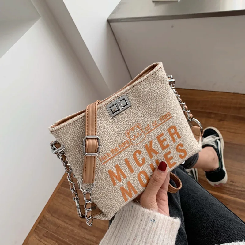 

New Arrival Bag Women's 2019 Autumn And Winter Korean-style Fashion Cotton Linen Lettered Chain Bag Crossbody Bag Bags