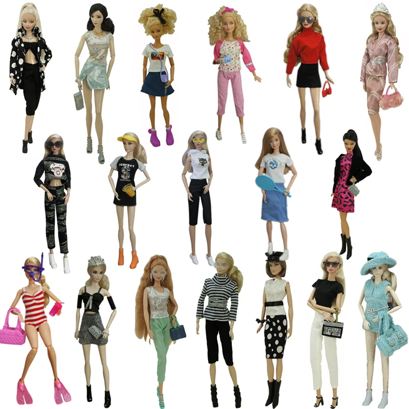 Fashion Outfits For Barbie Doll Clothes Set For Barbie Shirt Pants Shoes Glasses Crown Purse Hat Toys 1/6 Dolls Accessories