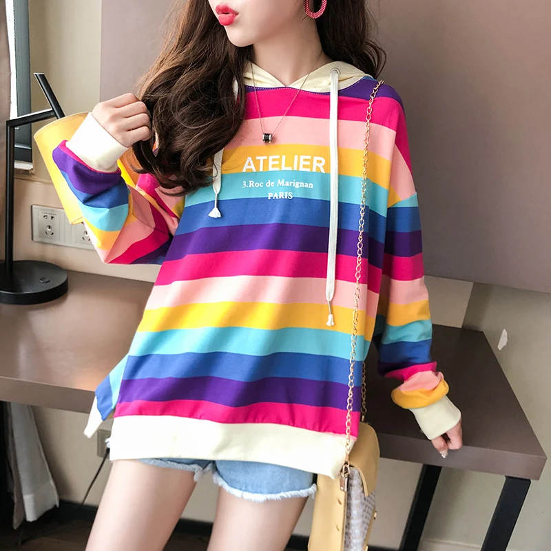 

Milinsus Korean Style Women Pullover Hoodie Rainbow Stripes Oversized Sweatshirt Letter Print Autumn Winter 2019 ropa juvenil