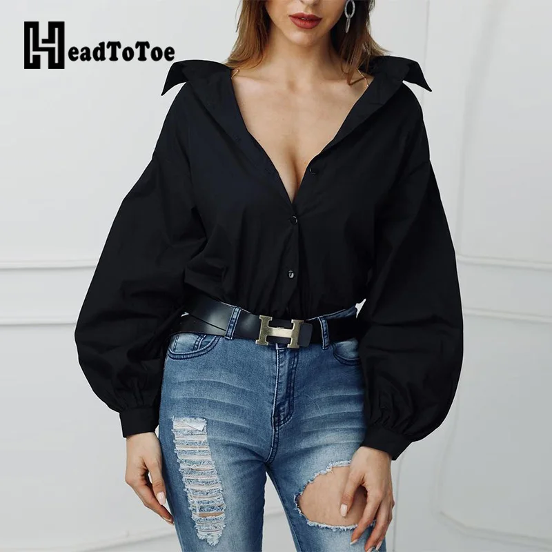  Women Solid Lantern Sleeve Casual Shirt Sexy V-neck Ladies Autumn Office Blouse Workwear Long Sleev