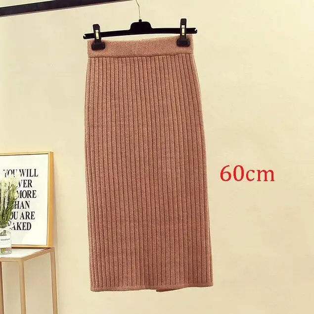 Khaki 60cm Женская юбка-карандаш с высокой талией, Осень-зима, элегантная облегающая трикотажная юбка, черная однотонная женская офисная длинная юбка, jupe femme - Цвет: Khaki 60cm