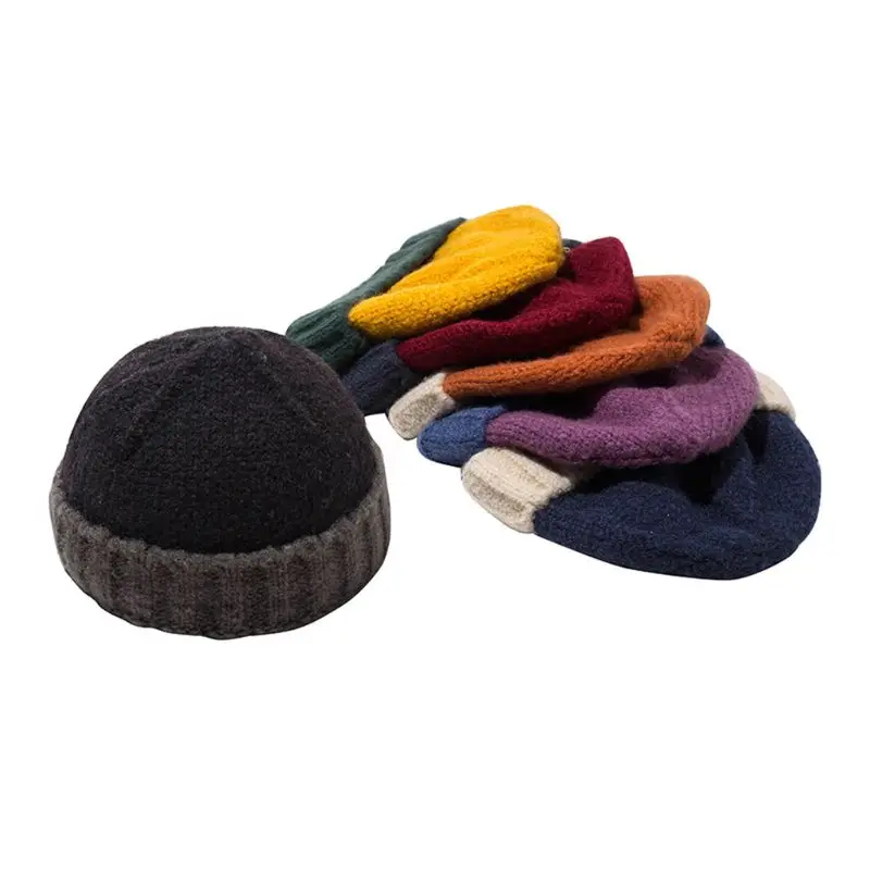 Adult Teens Winter Ribbed Knitted Faux Wool Beanie Cap Contrast Color Splicing Warm Soft Thick Vintage Student Cuffed Melon Hat