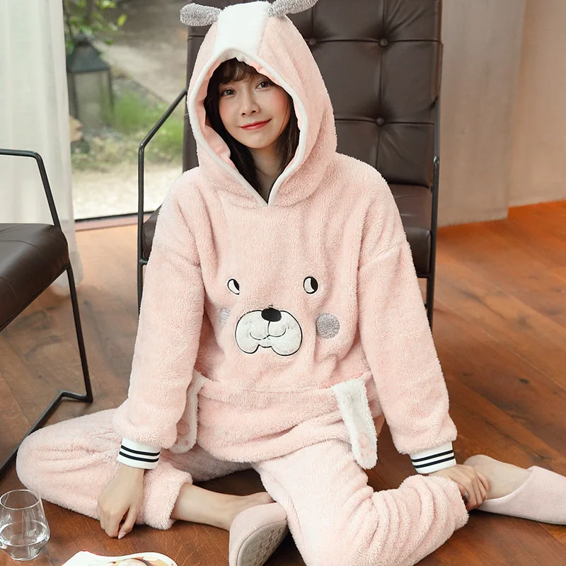 Coral Velvet Cartoon Hooded Ladies Long-sleeved Pajamas Two-piece Thick Flannel Girl Style Home Clothes Comfortable Warm - Цвет: A