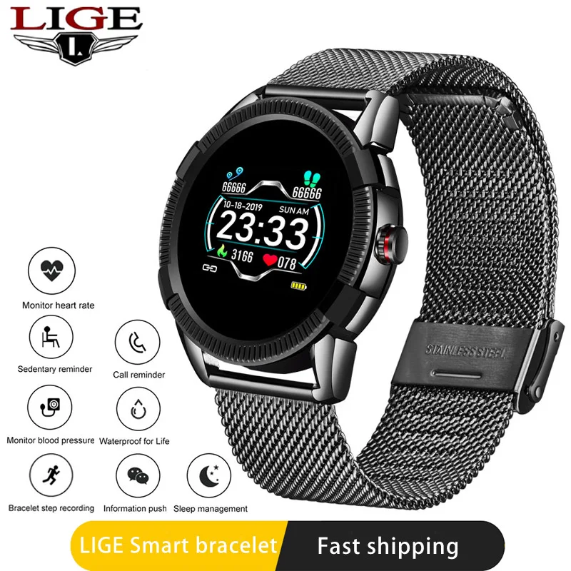 Модные Смарт часы LIGE мужские для фитнеса пульсометр монитор кровяного давления