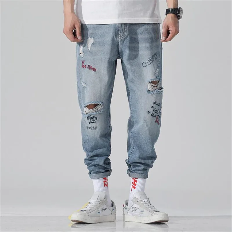 New Summer Jeans Embroidery Pants Jeans Fashion Casual Washed Ripped Distressed Holes Jeans Denim Trousers Ninth Pants