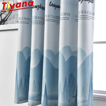 

Chinese Style Mountain Printed Curtains for Bay Window Grey/Blue Forest Leaves Fabric Blackout Curtain for Living Room M184#30