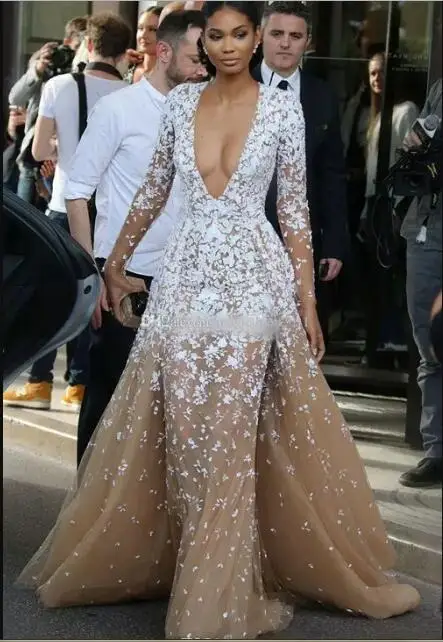 Beyonce Шампанское Тюль Пышные платья знаменитостей с длинным рукавом иллюзия V шеи Кружева Аппликация зима вечернее платье