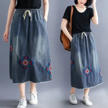 

Retro Denim Skirts Womens 2020 Summer Literary Elastic Waist Casual Large Size Embroidery A-line Skirt Loose Saias Jeans K836