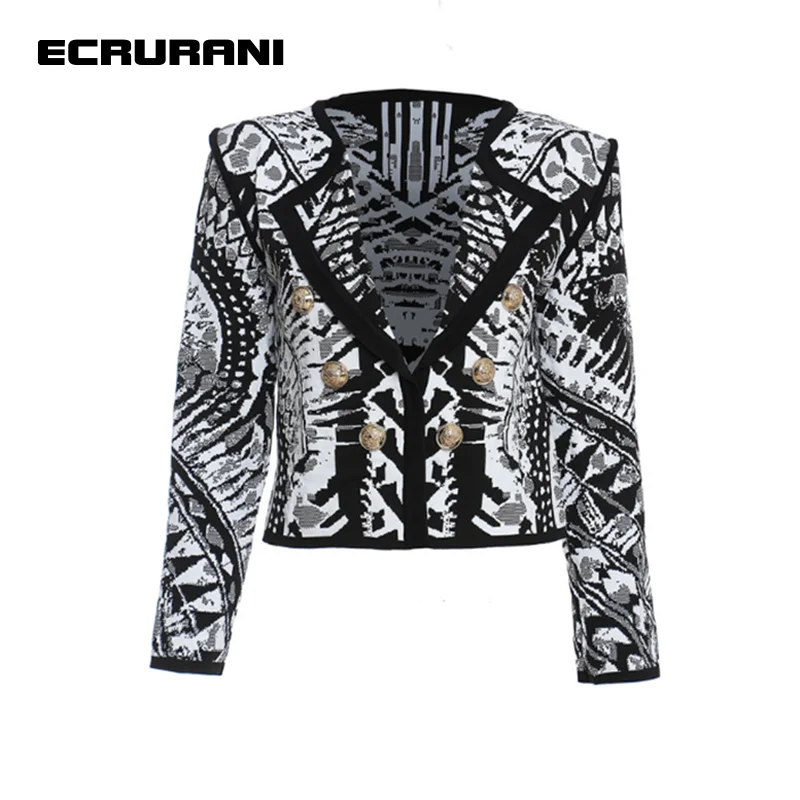 ECRURANI Streetwear Jackets For Women Print V Neck Single Breasted Exaggerate Slim Long Sleeve Colorblock Coats Female 2021 New