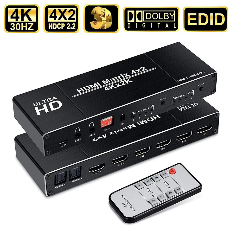HDMI матричный 4x2 4K@ 60Hz HDR переключатель разветвитель 4 в 2 из YUV 4:4:4 оптический SPDIF+ 3,5 мм разъем аудио экстрактор HDMI коммутатор - Цвет: 4K 30Hz HDMI Matrix