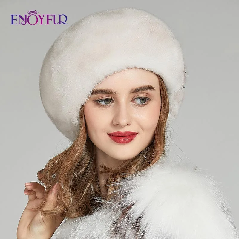 Женская меховая шапка ENJOYFUR теплая шапочка берет из цельного куска натурального