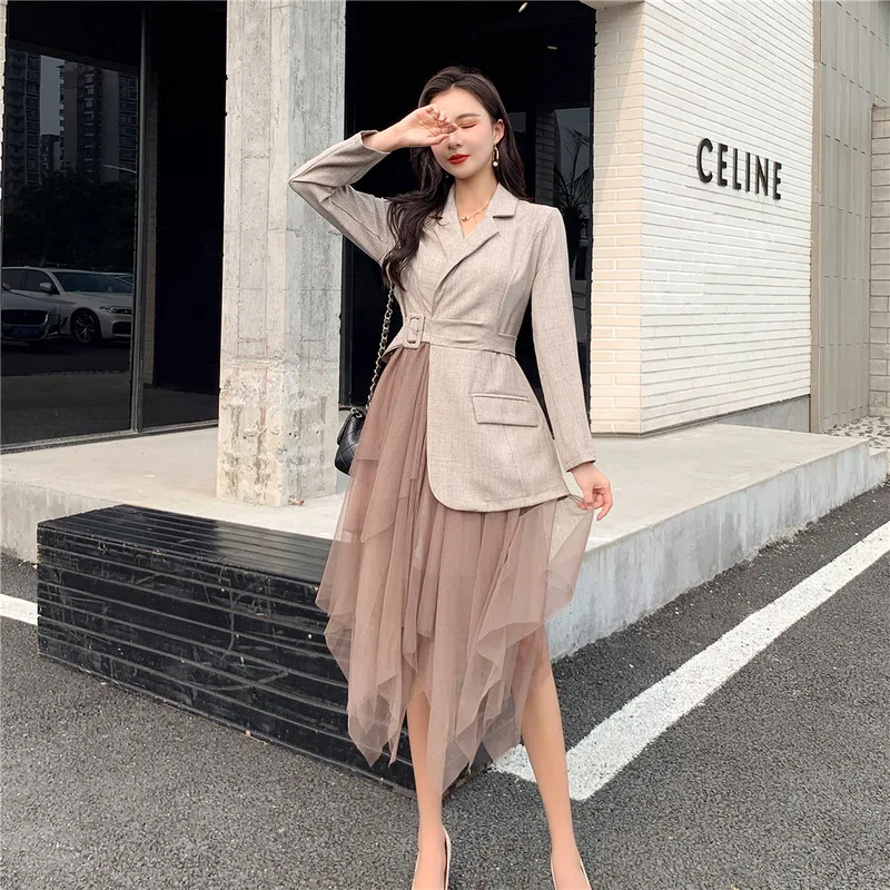 

Korean-style Asymmetric Skirt 2019 Autumn Suit Dress Commuting-Style Mock Two-Piece Waist Hugging Joint Gauze Pleated Skirt