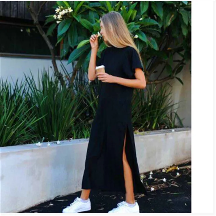 

European And American Style Spring And Summer Long Section Round Neck Long Dresses Ladies Loose Short-sleeved Dress