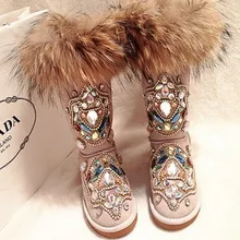 US4-11, женские сапоги до середины икры с круглым носком, натуральным лисьим мехом, украшенные стразами, теплые зимние сапоги, шикарная обувь, 3 цвета, большие размеры