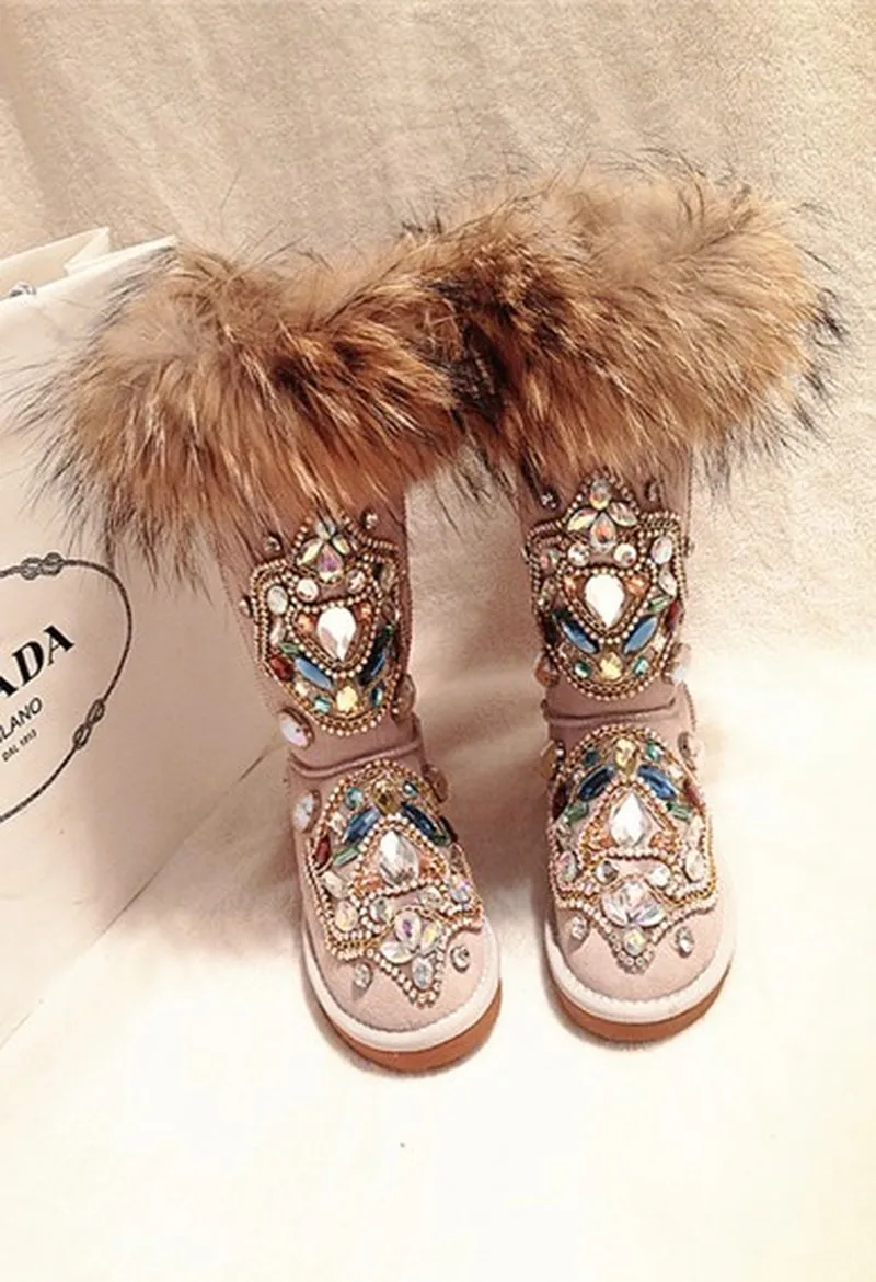 

US4-11 Womens Round Toe Real Fox Fur Diamond Crystal Mid Calf Boots Snow Warm Thicken Bling Shoes Luxury 3Colors Plus Size