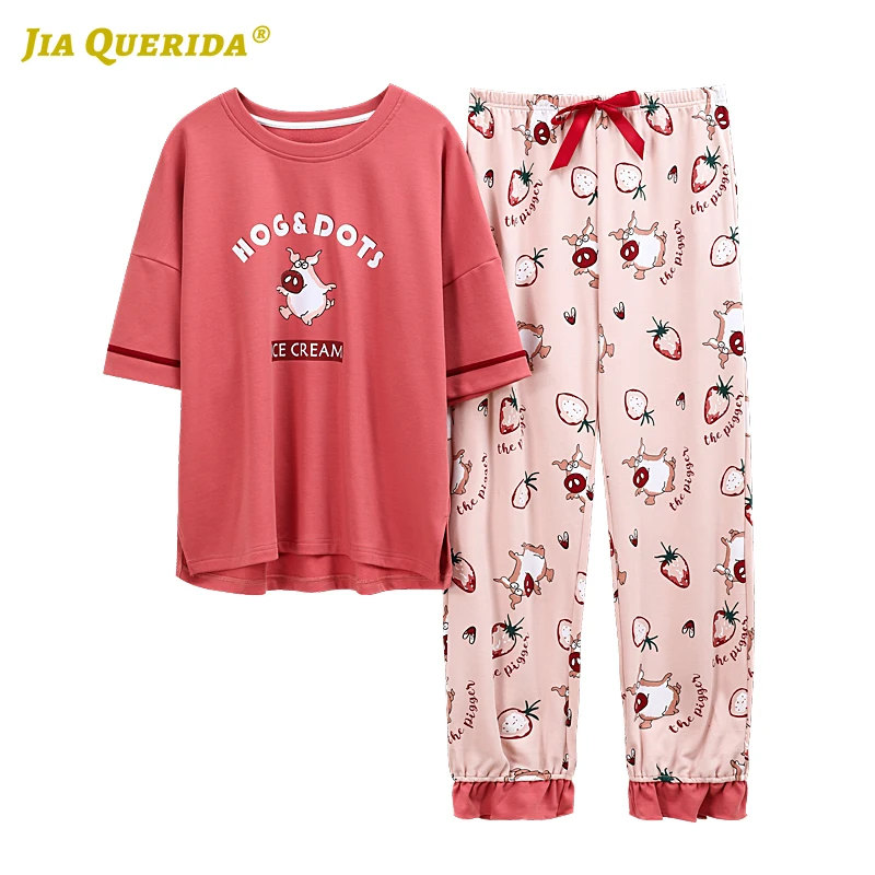 

New Homesuit Homeclothes Short Sleeve Long Pants Crew Neck Pjs Women Cartoon Printing Fashion Style Pj Set Pajamas for Women