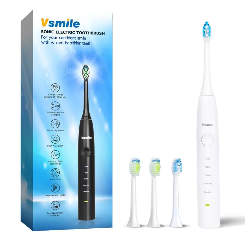 Vsmile многофункциональная электрическая зубная щетка с pазные насадки 5 режимов, последние 80 дней на одной зарядке, водостойкая зубная щетка - Цвет: White