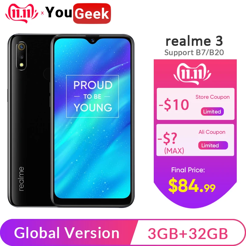 Глобальная версия realme 3 3 ГБ ОЗУ 32 Гб ПЗУ 6,2 дюймов умный мобильный телефон 4230 мАч батарея 13 МП Двойная камера мобильный телефон Android P Oppo