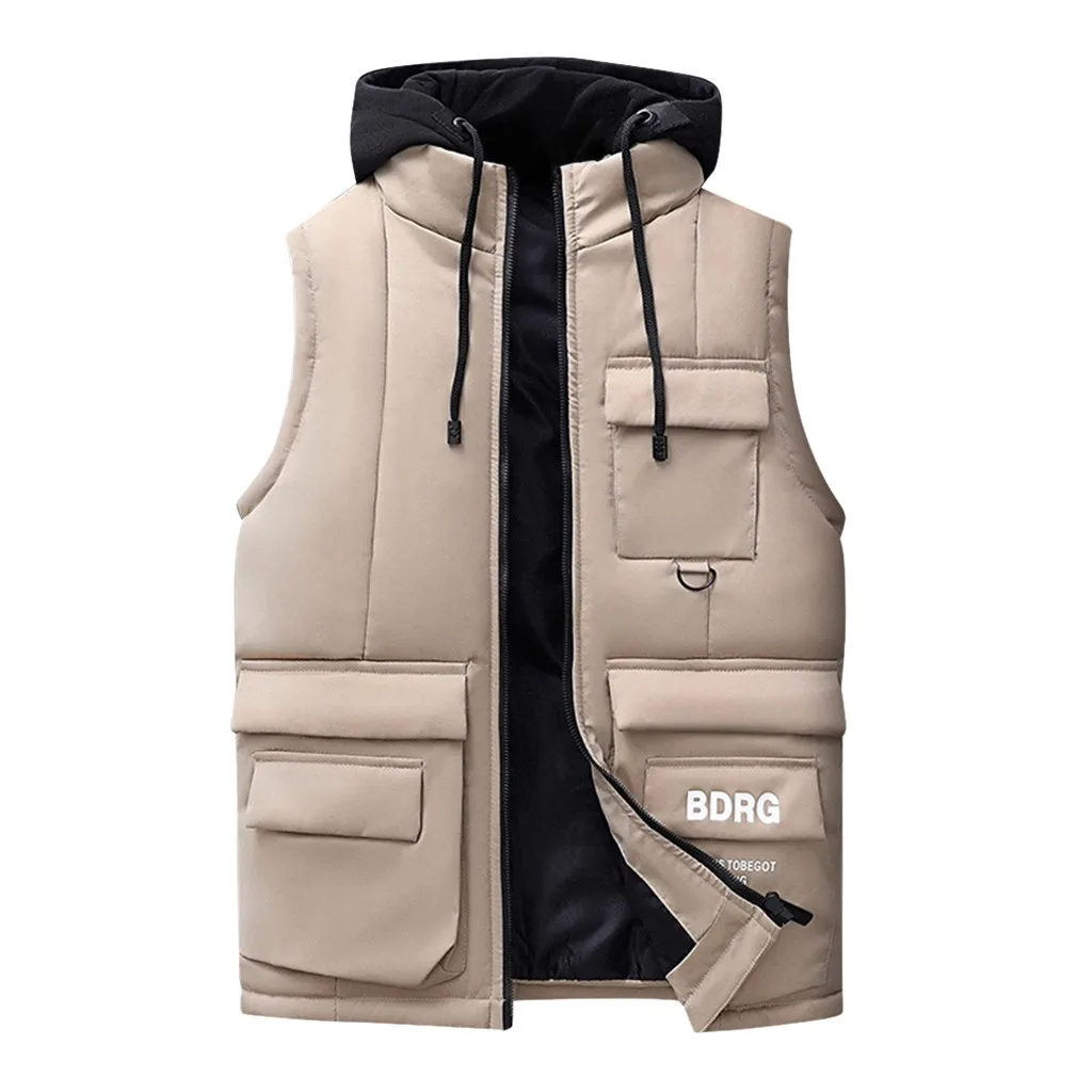 Khaki Пальто Новая мода Мужская зимняя теплая с капюшоном однотонная верхняя одежда жилет куртка Топы Блузка - Цвет: Khaki