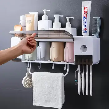 

Multi-function Toothbrush Holder Toothpaste Dispenser Bathroom Storage Rack Wall Mount Rack Bathroom Tools Set with Cups