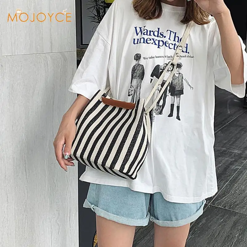 

Women Fresh Cotton Fabric Cover Striped Girls Single Shoulder Bags Cotton Bags Canvas Large Shopping Bucket Bag Dropshipping