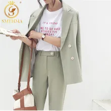 Летний женский брючный костюм SMTHMA, легкий костюм черного или бежевого цвета со свободными укороченными брюками и двубортным пиджаком прямого кроя