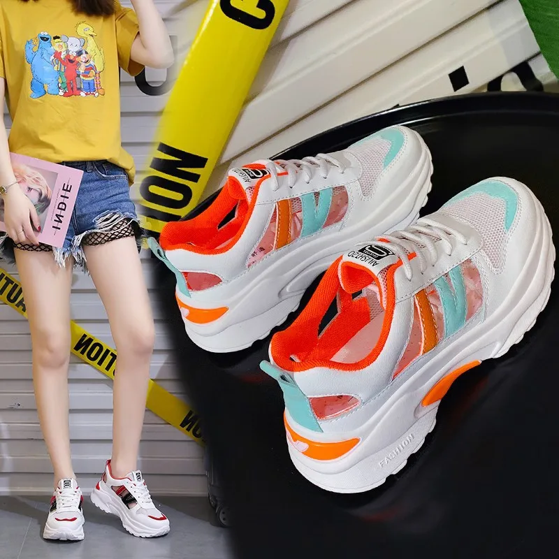 

Mesh Shoes Women's Punched Sheet Surface 2019 Summer New Style Low-top Shoes Waterproof Platform Mixed Colors Lace-up Closed-toe