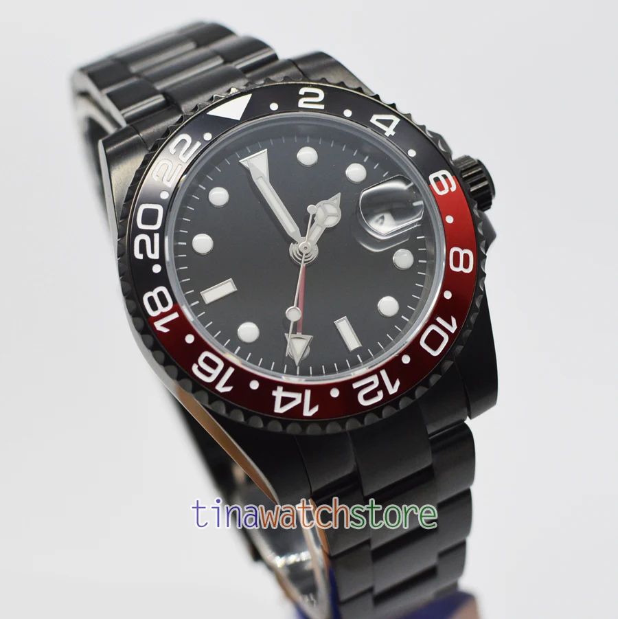 Bliger 40mm PVD case Automatic Self-Wind movement rotating bezel red GMT men's watch | Наручные часы
