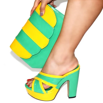

Charming Party Set Green With Yellow Lady High Heel Shoes And Evening Bag Sets CR2128 Heel Height 12.5cm