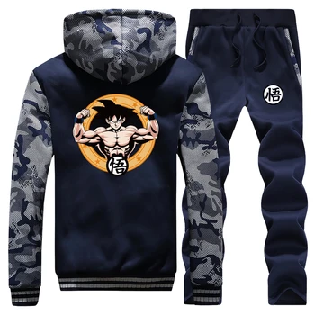 

Men Thick Fleece Hoodie Sweatshirt handsome Dragon Ball Jacket+Pants 2 Piece Sets Winter Hoodies Warm Suit trend clothes set