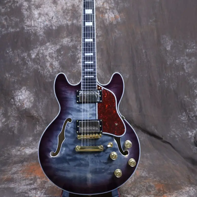 

Customer Made Semi Hollow Body Electric Guitar Purple Circle Transparent Black Light Color 24 Frets Ebony Fretboard